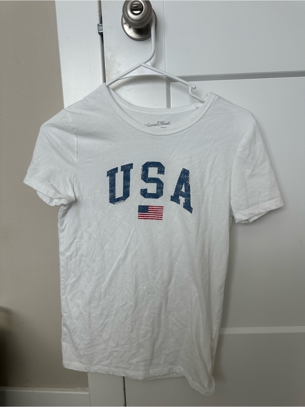 Universal Thread White Tee with Distressed Blue "USA" and Red Flag